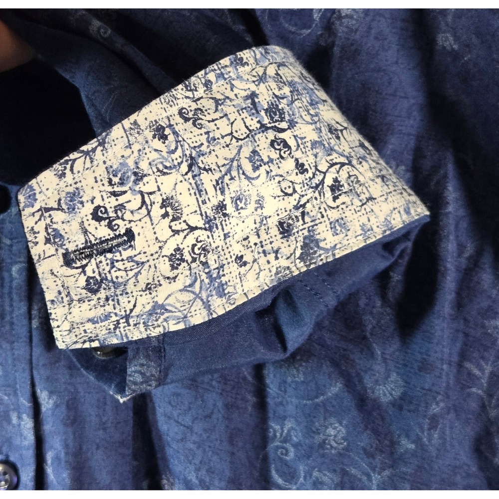 Guide London Mens Blue Floral Damask Stretch Button Down Shirt Premium Range L - Picture 4 of 8